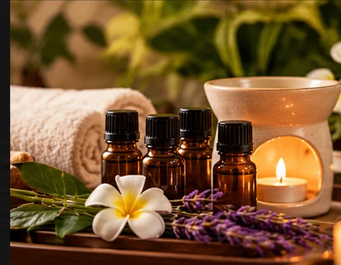 Essential oil bottles, fresh lavender, and a warm candle arranged for a relaxing aromatherapy massage experience.