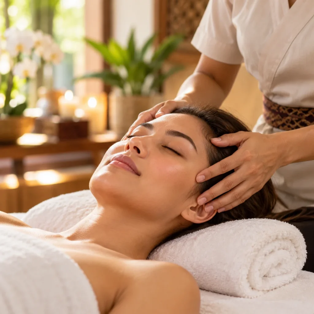 Relaxed client receiving a gentle head and scalp massage in a peaceful spa setting to ease everyday stress and tension.