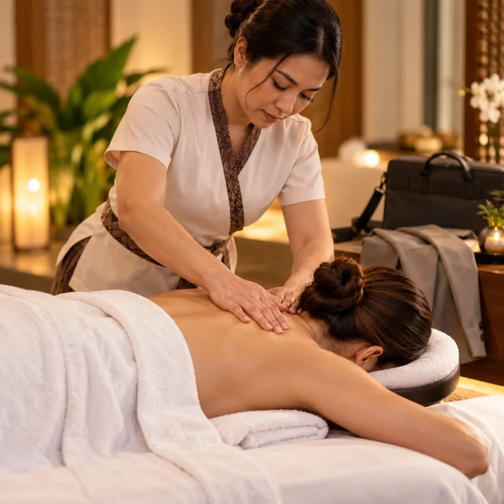 Massage therapist applying targeted pressure to a client's upper back and shoulders during a relaxing massage session.