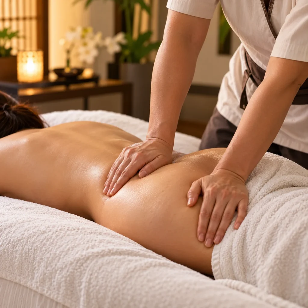 Professional massage therapist applying gentle pressure to a client's lower back and hip area during a therapeutic massage.