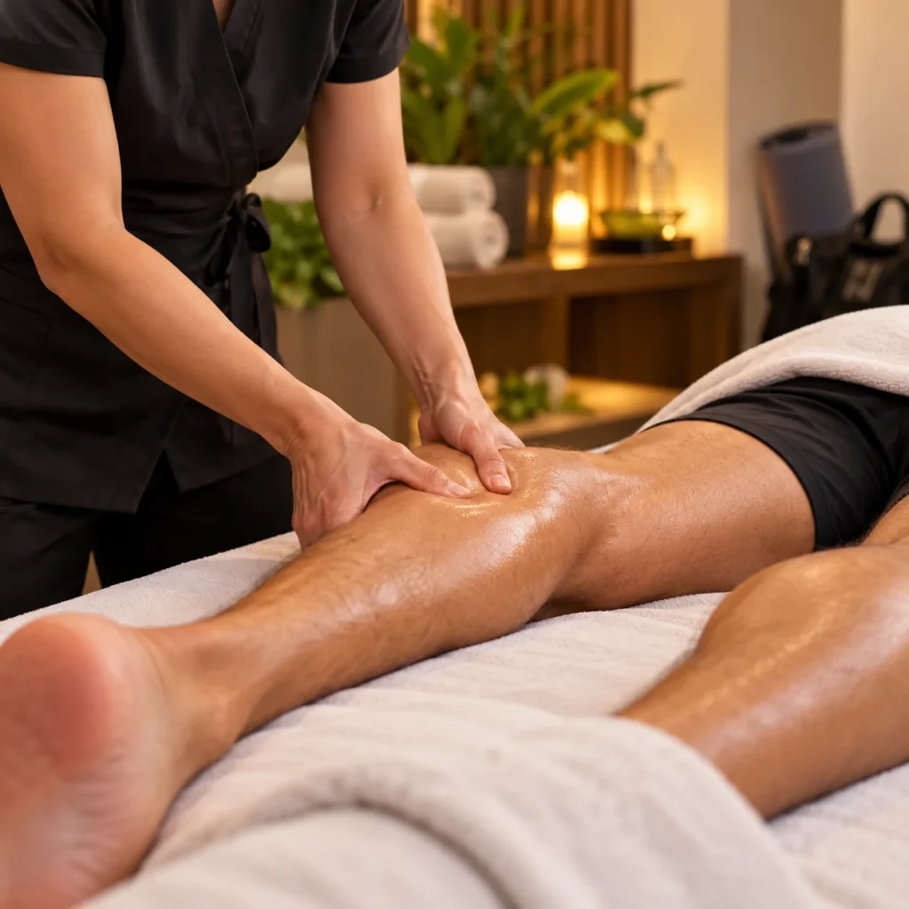 Massage therapist performing targeted leg muscle massage to address soreness and tightness after athletic activity or training.