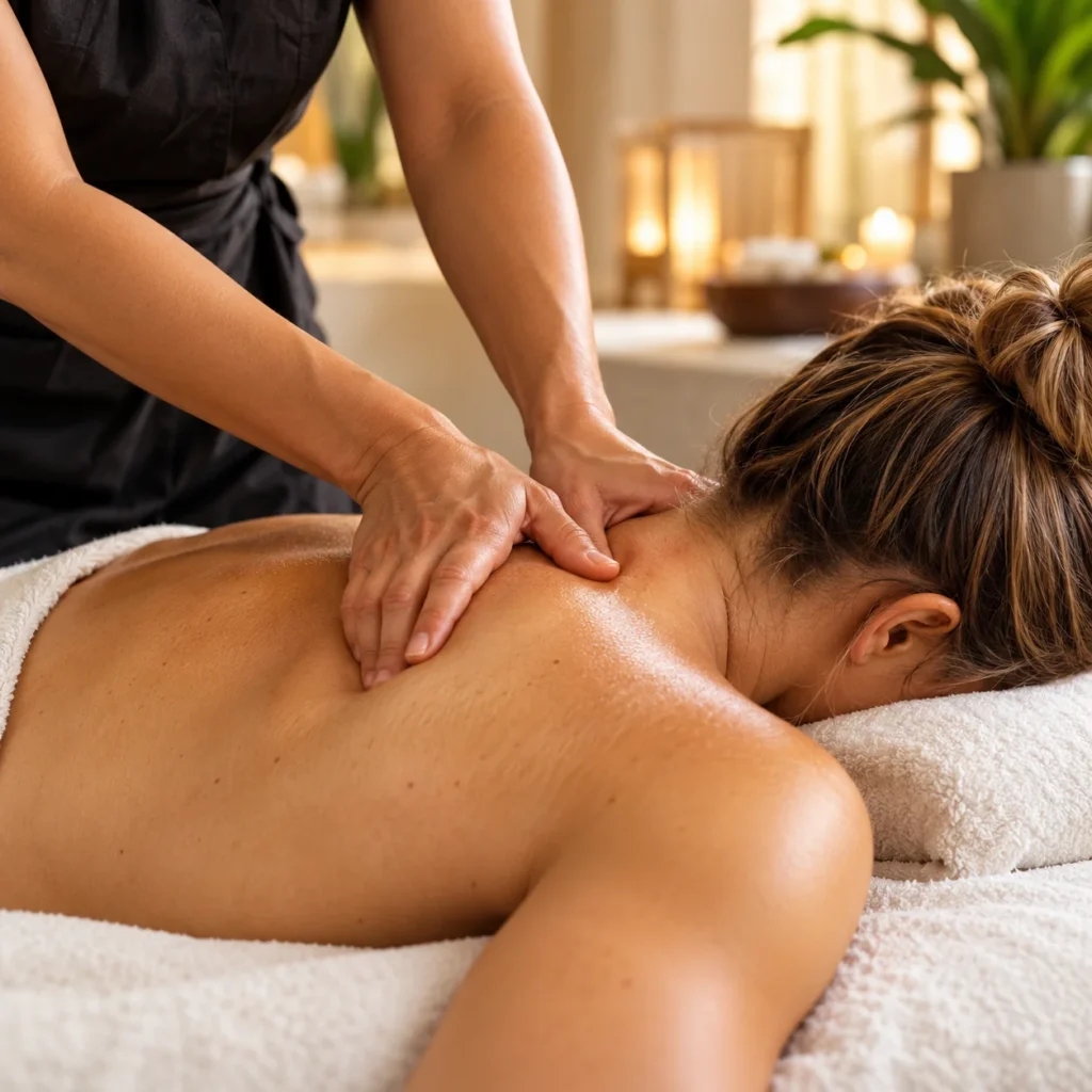 Massage therapist applying pressure to a client's upper back and shoulders during a session focused on stiffness from prolonged sitting.