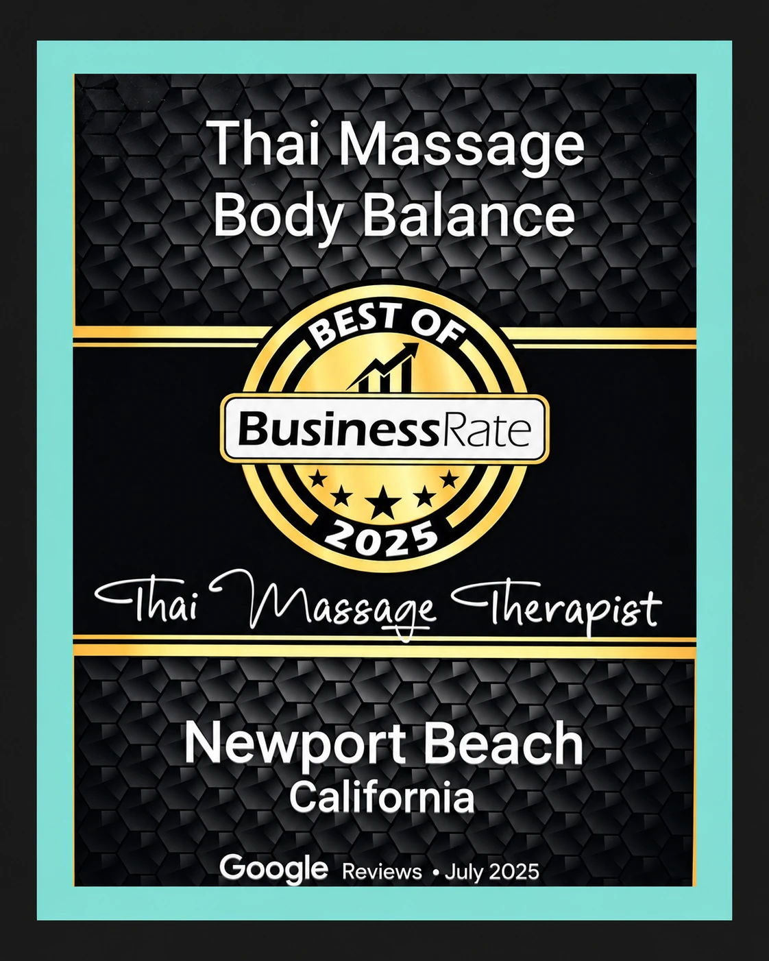 Best of BusinessRate 2025 award plaque naming Thai Massage Body Balance as a Thai massage therapist in Newport Beach, California