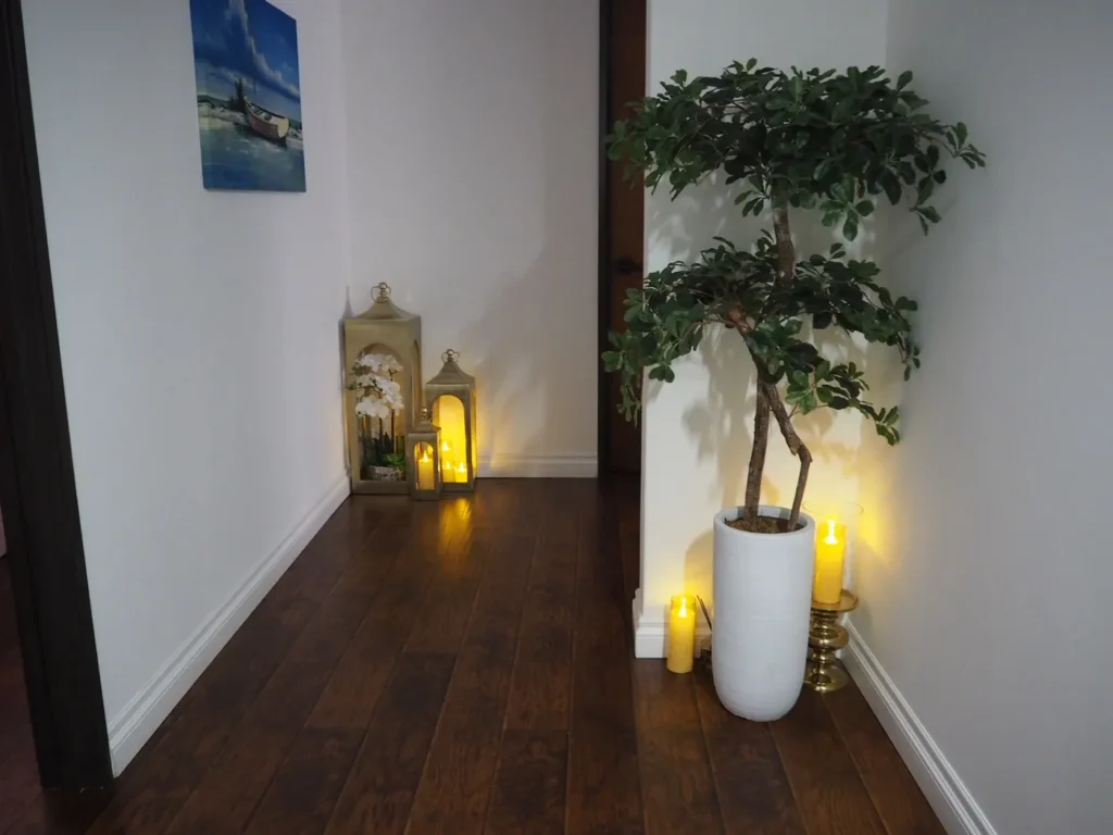 Dimly lit entry hallway with floor lanterns and a potted tree
